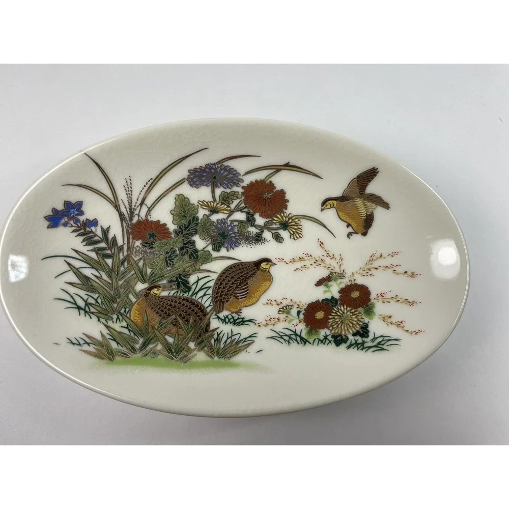 Vintage pedestal pheasants Flowers trinket soap dish porcelain crackle glaze